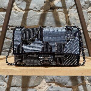 Chanel 2015-2016 Navy Blue Satin Sequin Beaded Medium Double Flap Bag